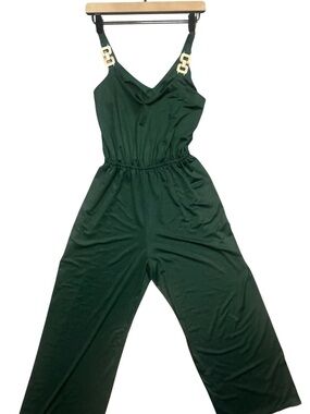 Sleeveless Emerald Green Satin Wide-Leg Jumpsuit with Adjustable Straps